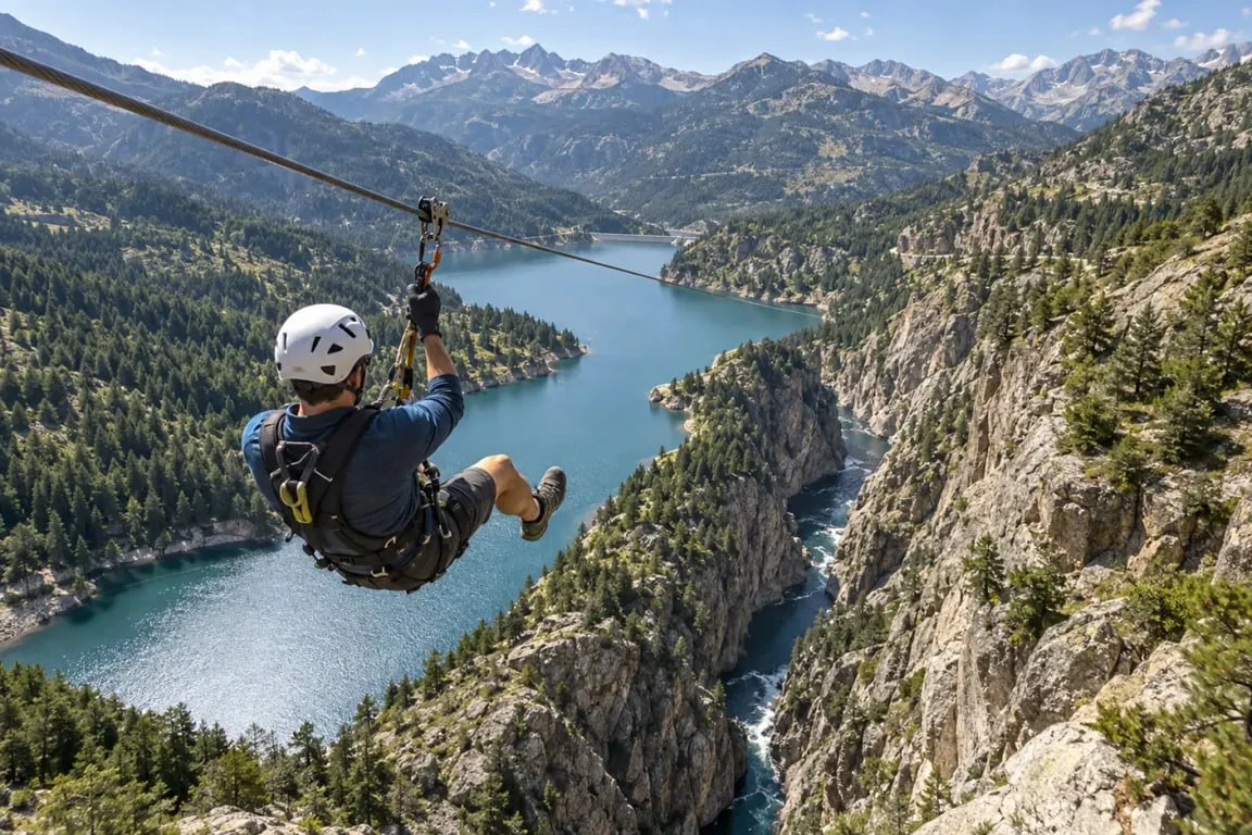 Parcours aérien Tyrovol au-dessus du lac du Passet dans les Pyrénées catalanes