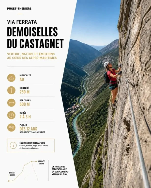 Via ferrata des Demoiselles du Castagnet à Puget-Théniers avec un grimpeur sur la paroi rocheuse