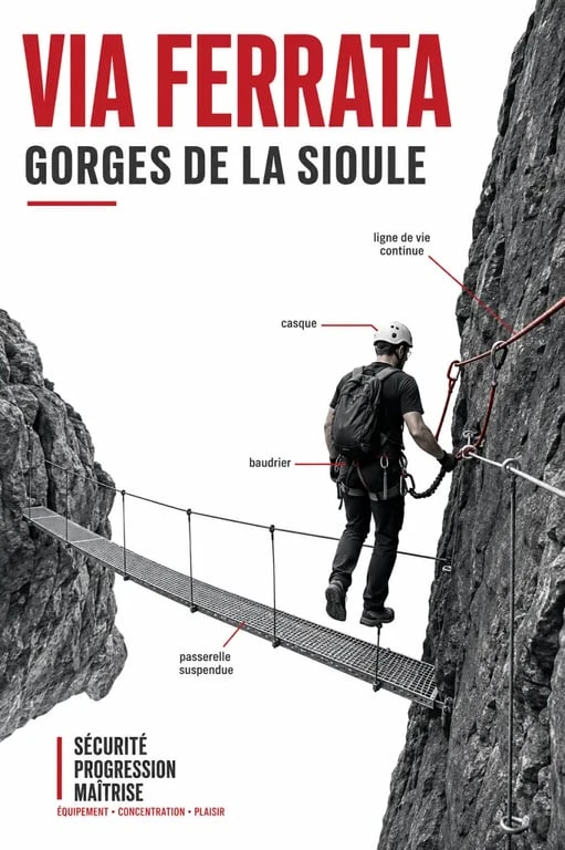 Pratiquant sur la via ferrata des gorges de la Sioule avec passerelle suspendue et ligne de vie continue