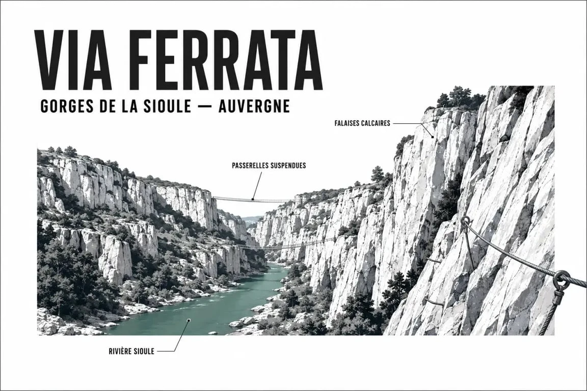 Via ferrata des gorges de la Sioule au-dessus des falaises et de la rivière