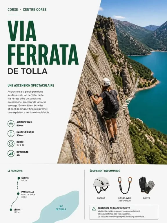Via ferrata de Tolla au-dessus du lac, vue sur le pont himalayen et les gorges du Prunelli.