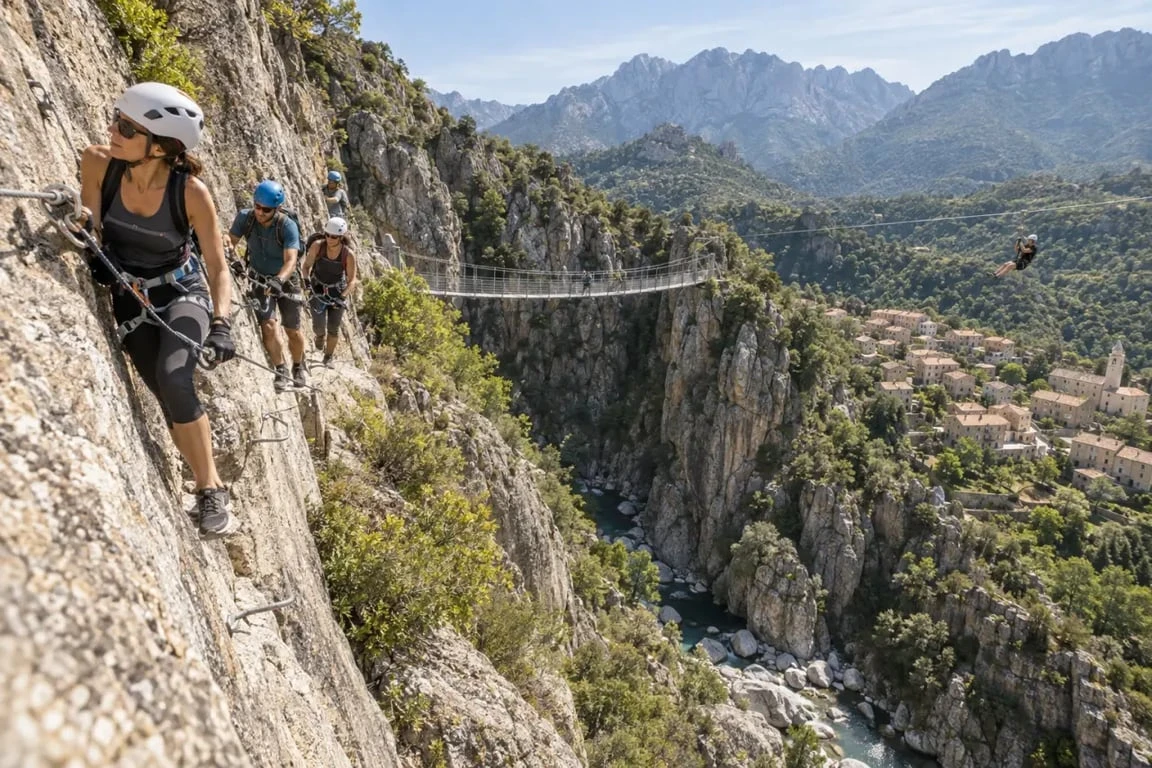 Via ferrata Chisa U Calanconi sur une paroi de granite corse avec pont suspendu et panorama