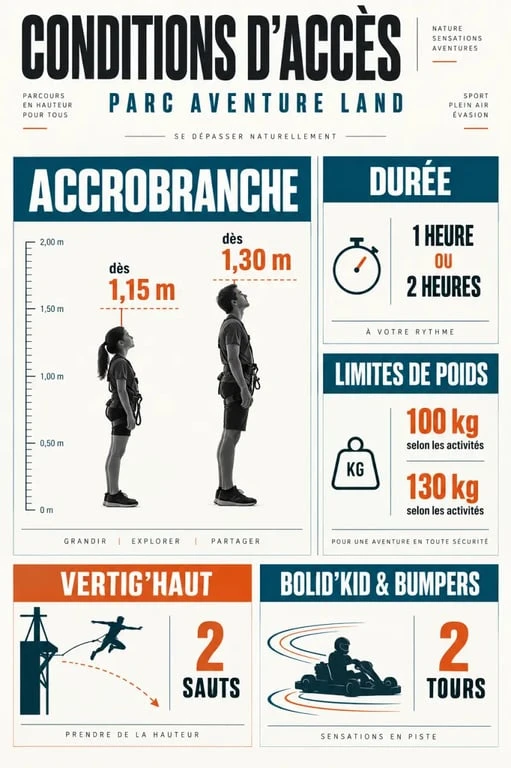 Infographie des conditions d’accès des billets pour parc aventure land selon la taille et le poids