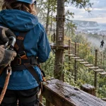 LH Aventure Parc au Havre : enfant en harnais, corde et tyrolienne géante en forêt