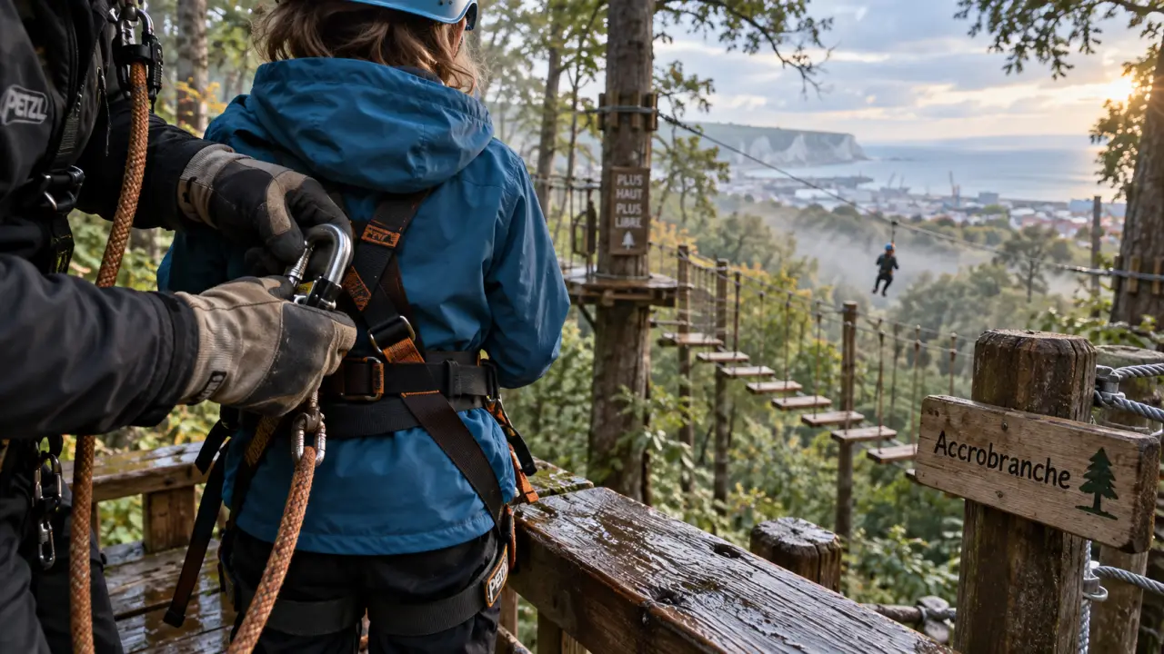 LH Aventure Parc au Havre : enfant en harnais, corde et tyrolienne géante en forêt