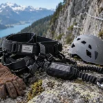 Materiel via ferrata : longe en Y, baudrier, mousquetons et absorbeur de choc