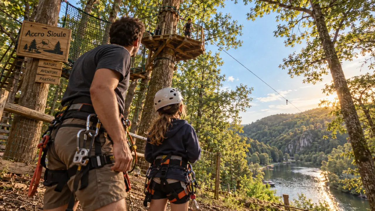 Parc accrobranche Accro Sioule Allier : adulte et enfant sur tyrolienne
