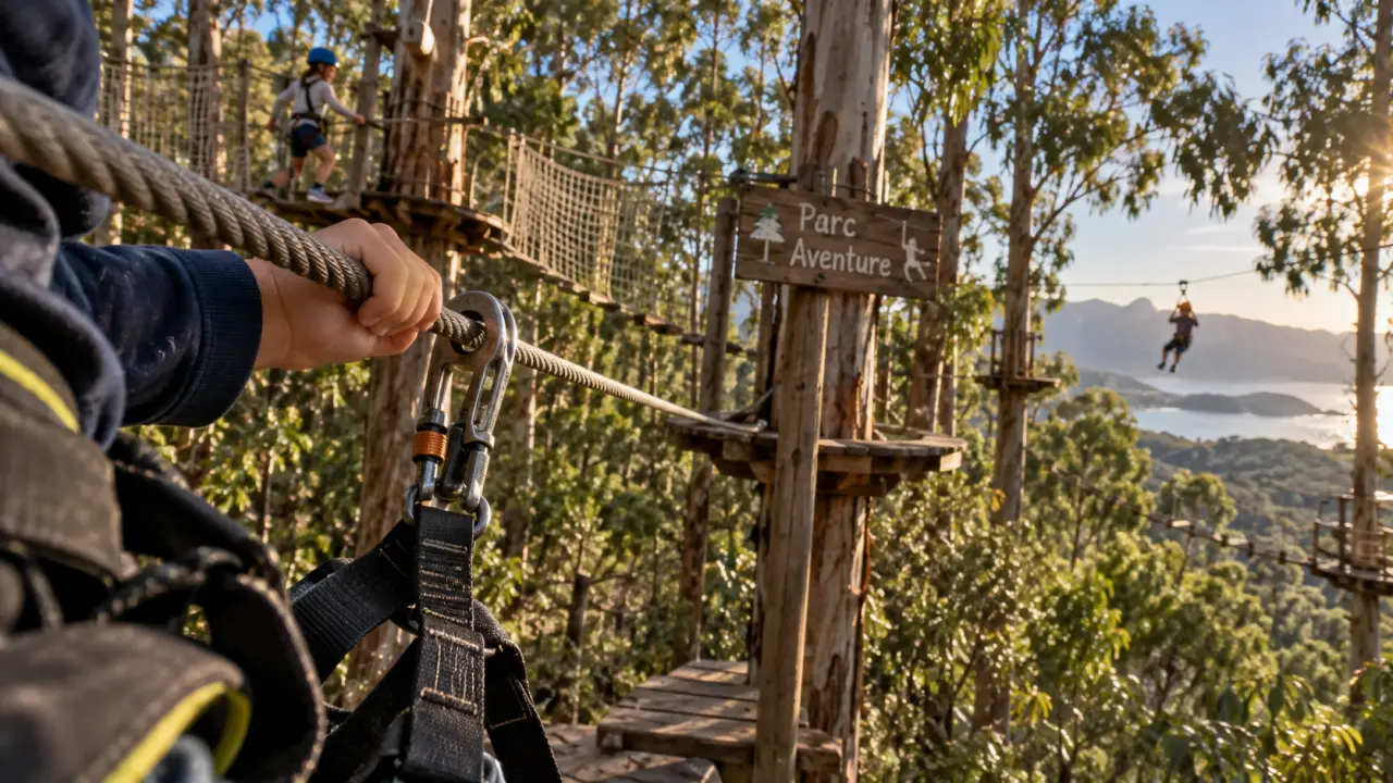 Parc aventure de Porto-Vecchio : harnais et corde sur un parcours accrobranche en forêt