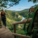 Parc aventure haute loire canopy en forêt : harnais et ligne de vie sur passerelle, vue château de la Rochelambert