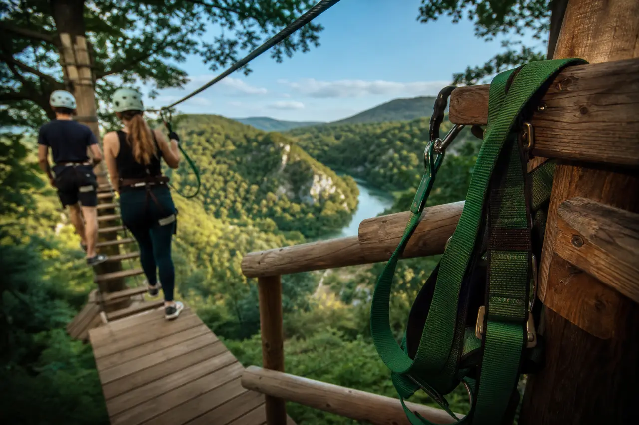 Parc aventure haute loire canopy en forêt : harnais et ligne de vie sur passerelle, vue château de la Rochelambert