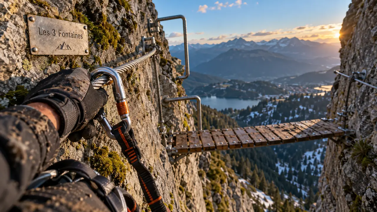 Via ferrata Chamrousse : Les 3 Fontaines, câble et harnais sur la ligne de vie