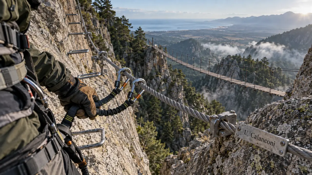 via ferrata chisa : pont suspendu et pratiquant sur la ligne de vie