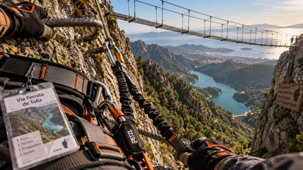 Via ferrata de Tolla : baudrier et pont himalayen au-dessus du vide, lac turquoise