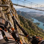 Via ferrata de Tolla : baudrier et pont himalayen au-dessus du vide, lac turquoise