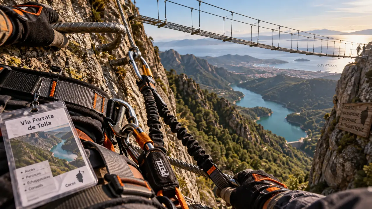 Via ferrata de Tolla : baudrier et pont himalayen au-dessus du vide, lac turquoise