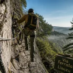 Via ferrata du Liauzu : ferratier sur les barreaux de la falaise, Lot