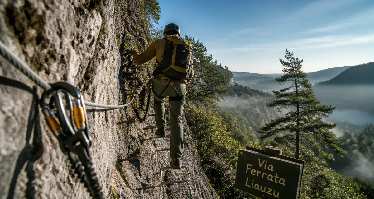 Via ferrata du Liauzu : ferratier sur les barreaux de la falaise, Lot
