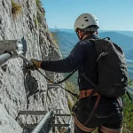 Via ferrata du rocher de neuf heures : pratiquant sur câble et barreaux, Rocher de Neuf Heures AD+