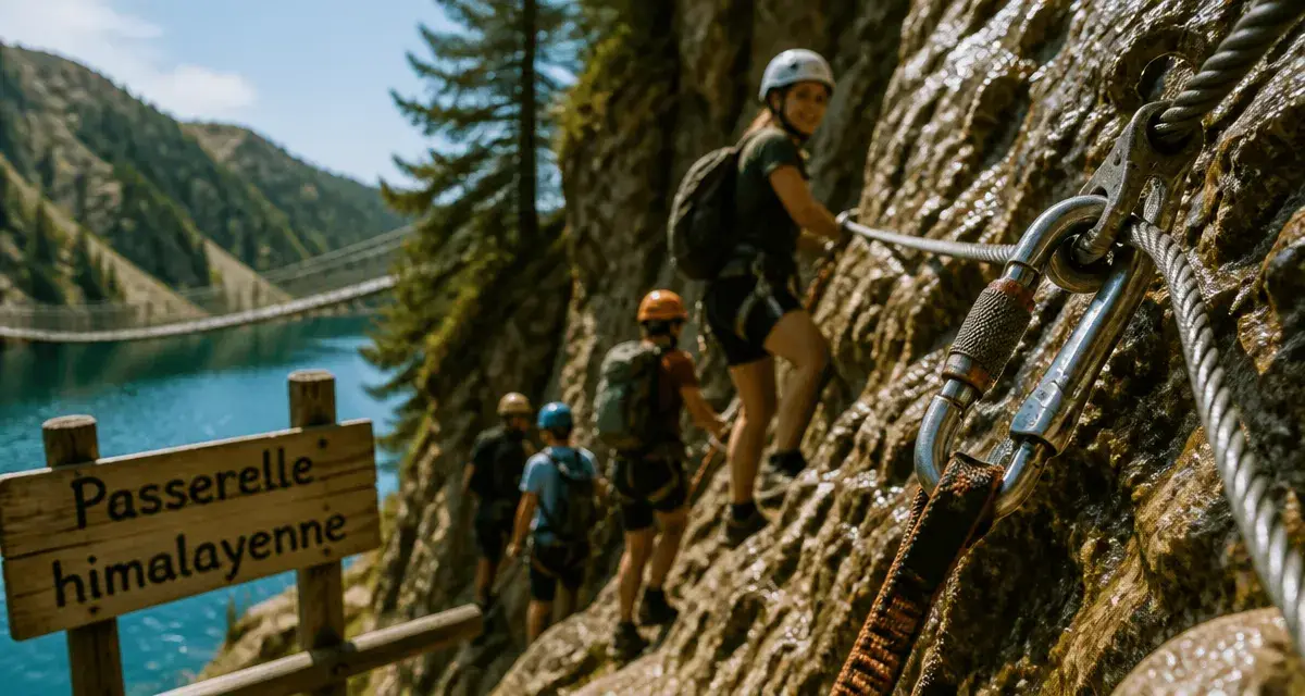 Via ferrata lac de la rosière : débutants casque baudrier sur la passerelle