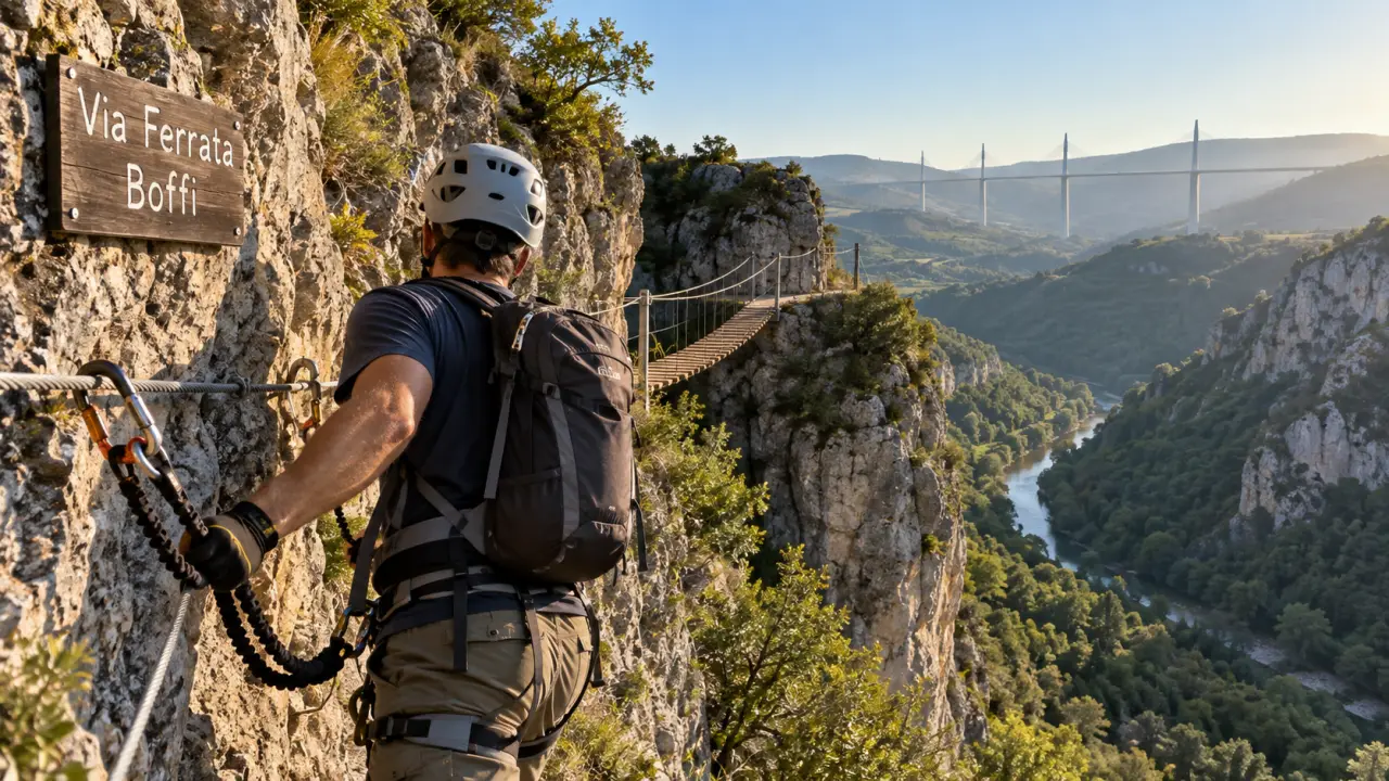Via ferrata Millau : ligne de vie sur rocher vers les Gorges de la Dourbie