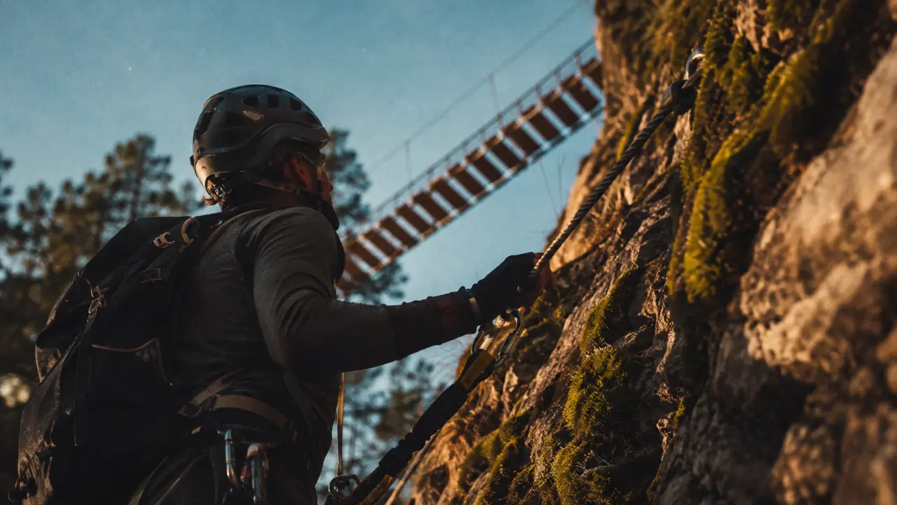 Via ferrata revaclier : ferratiste sur câble au Salève