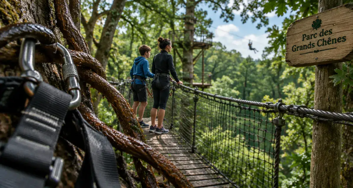 Accrobranche parc des grands chênes : harnais et tyrolienne en forêt de chênes
