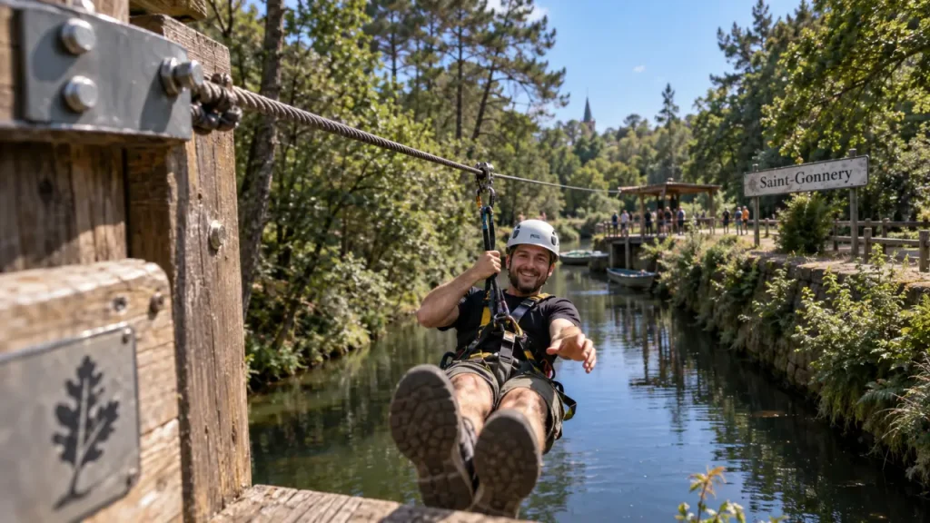 L’Accrobrancherie réunit deux parcs en Bretagne, 18 parcours et des tyroliennes au-dessus de l’eau