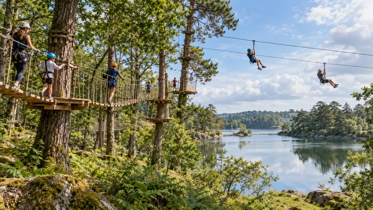 Lantic Parc Aventure au bord des étangs avec parcours accrobranche en famille