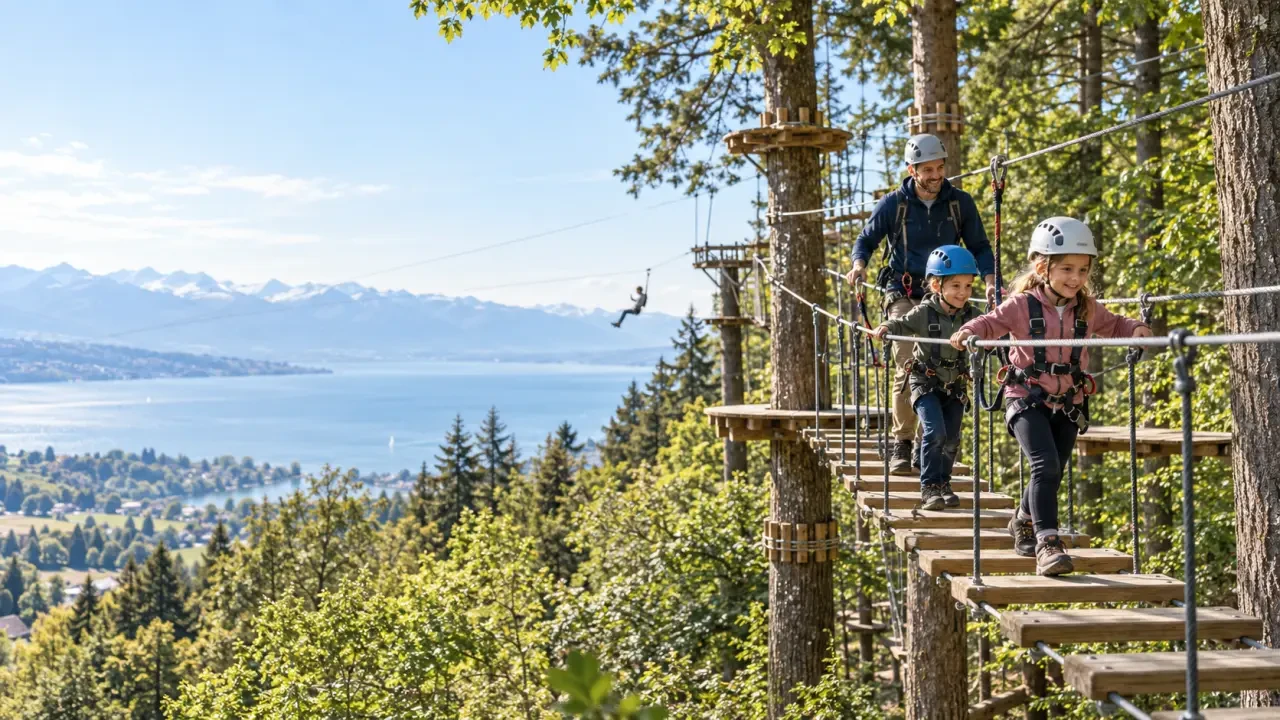Parc aventure Bougy dans un cadre naturel avec parcours acrobatiques et vue sur le lac Léman