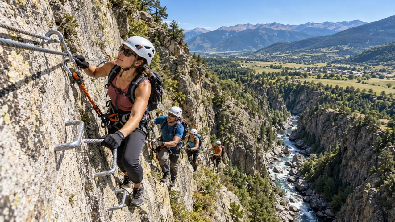Via ferrata de Llo dans les gorges du Sègre avec des participants équipés