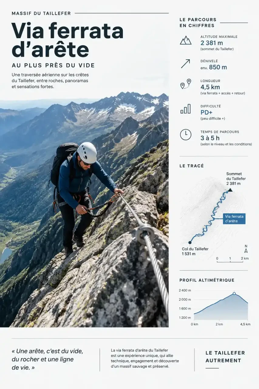 Via ferrata du Grand Bec à l'Alpe du Grand Serre : passage aérien sur une arête avec câble d'acier