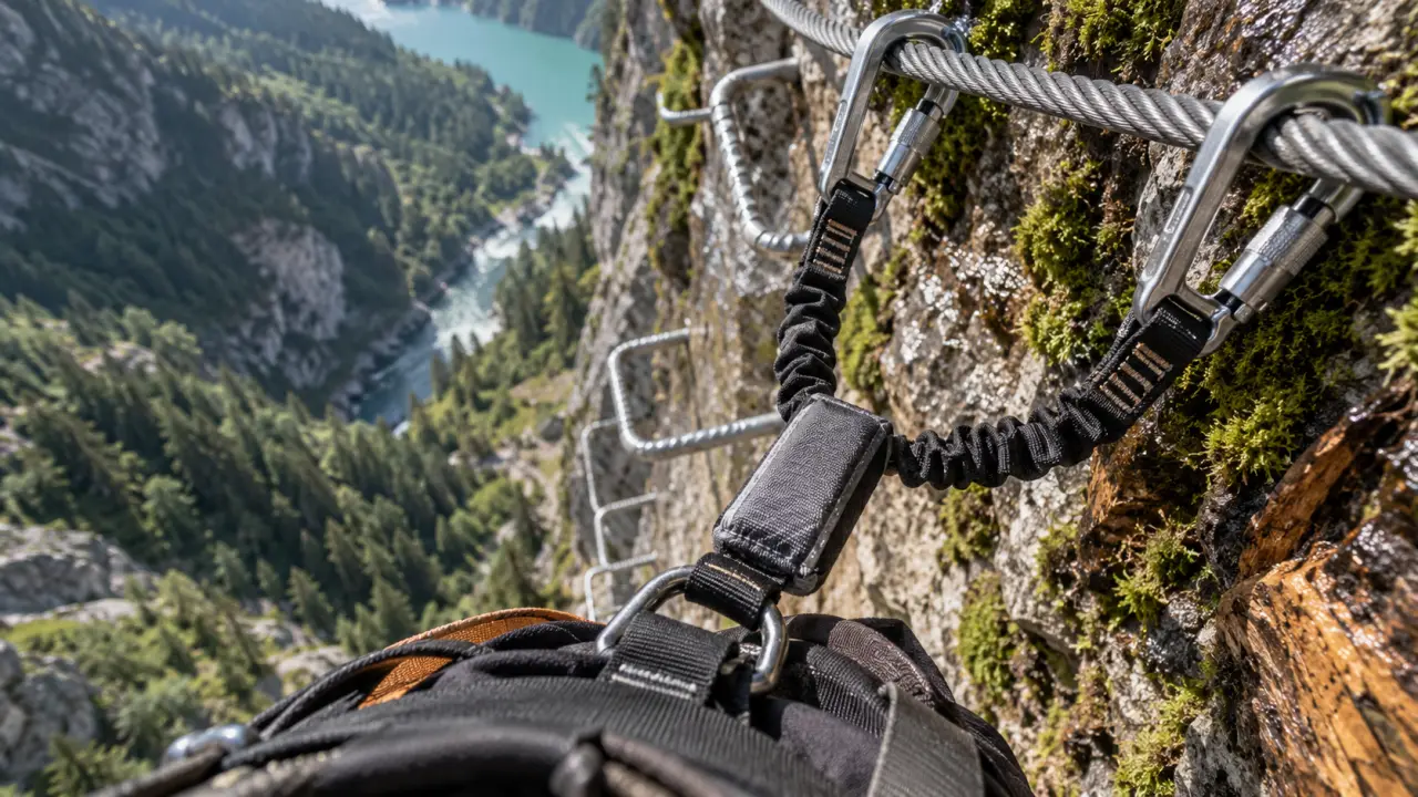 Kit via ferrata : mousqueton accroché au câble