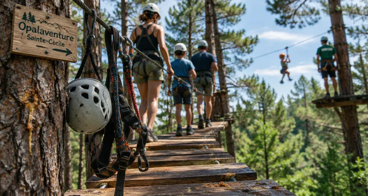 Opalaventure parc accrobranche : famille sur passerelles en bois près de la plage