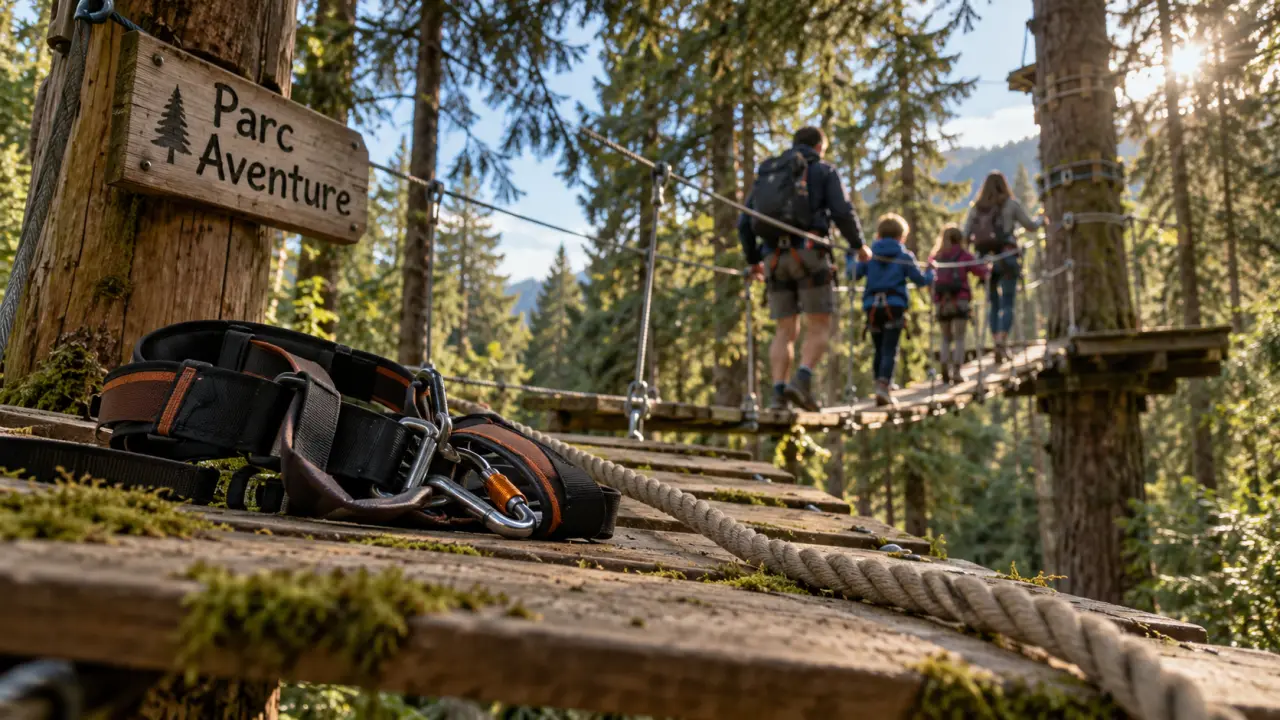 Parc aventure violay : famille sur pont de singe en forêt