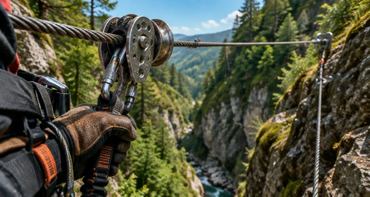 Poulie via ferrata pour câble acier sur baudrier, câble et longe en sécurité