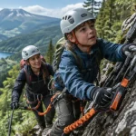 Via ferrata du capucin au Mont-Dore : binôme adulte-enfant approche le câble