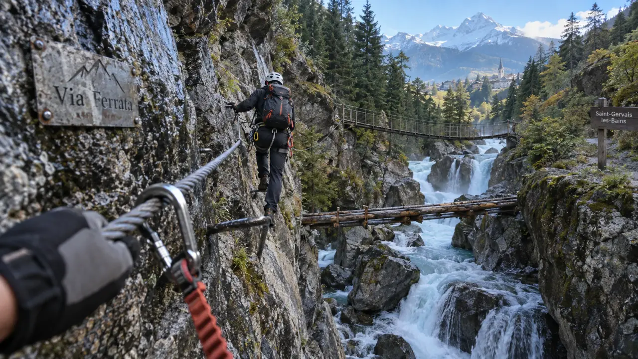 Via ferrata du parc thermal : pratiquant sur câble, casque et baudrier